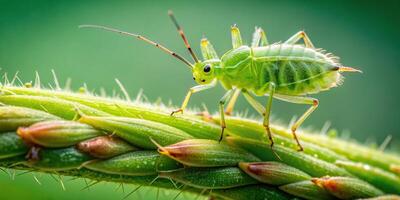 d on a twig of a flower commonly known as a greenfly or green aphid The macro shot captures the tiny size of this garden parasite insect pest against a green background with a shallow depth of field photo