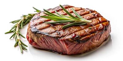 high angle, steak, beef, white background, garnish, meat, fillet, Grilled beef fillet steak with rosemary garnish on a white background seen from a high angle photo