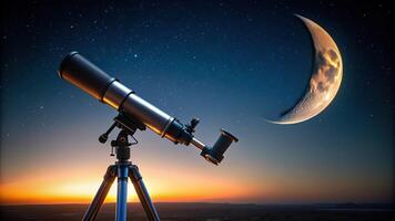 Crescent moon seen through an astronomy telescope at night at eye level, moon phases, lunar cycle, astronomical instrument, exploration of space, stargazing, celestial bodies photo