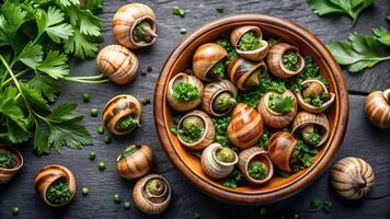 appetizer, mollusk, snails, shellfish, dish, bowl, A bird s eye view of a bowl filled with escargot snails drenched in rich garlic and parsley butter surrounded by parsley sprigs photo