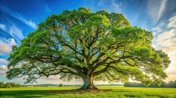 An oak tree in a field with green grass photo