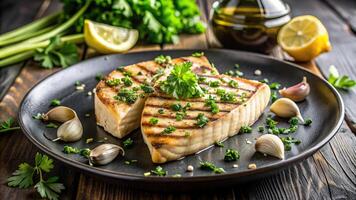 Grilled fish fillet with lemon and herbs on a black plate photo