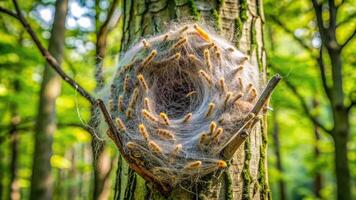 A bird nest is hanging from a tree photo