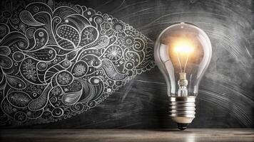 Light bulb on a blackboard with doodles photo