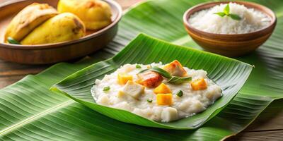 A bowl of rice and a banana leaf with a bowl of rice and a banana leaf photo
