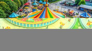 A colorful carnival ride is shown in two different views photo