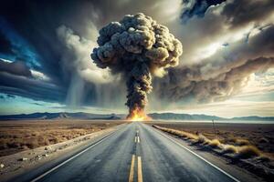 A road with a large explosion in the middle of it photo