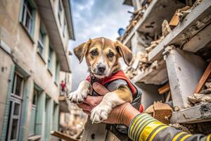 A dog is being held by a person in front of a building photo