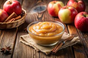 Apple sauce in a bowl on a wooden table photo