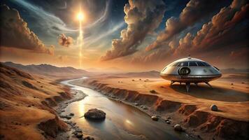 An artist's rendering of a spaceship in the desert photo
