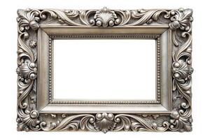 silver frame, retro, details, isolated frame, vintage picture frame, intricate, A vintage silver picture frame with intricate details and a shiny finish isolated on a white background photo