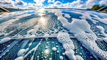 burbuja agua en el parabrisas de un coche durante el proceso de limpieza eso desde un aéreo punto de vista, ventana, líquido, limpieza, visibilidad, Lavado, vaso, aéreo vista,burbuja, jabonaduras foto