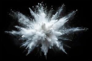 Abstract white powder exploding in mid air against a black background, powder, explosive force, isolated, dynamic, action, motion, cloud, energy, black background, concept, substance photo