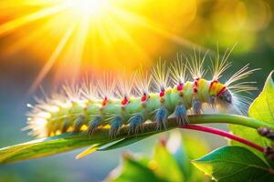 A close up photo of a pale tussock caterpillar soon to transform into a beautiful butterfly called Calliteara pudibunda with its vibrant colors being reflected in the sunlight in a summer garden