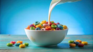 plate, pouring liquid, low angle, dairy, worms eye view, liquid, food photography, splash, Milk is being poured into a plate filled with colorful cereal as seen from a low angle perspective photo