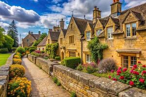 limestone, natural, exterior, architecture, Honey colored stone wall with beautiful texture and warm tones in Bourton on the Water a charming village in England s Cotswolds region photo