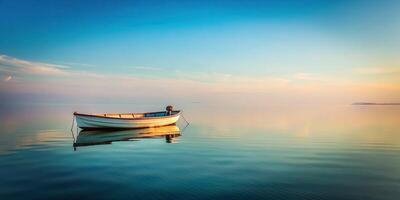 A serene image of a small boat gently floating on a calm and still sea surrounded by vast empty space perfect for adding text or graphics, water, minimalistic, stillness, empty photo