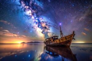 The photo depicts a wrecked ship resting under a serene night sky adorned with the mesmerizing Milky Way, adventure, tranquil, abandoned, surreal, eerie, voyage, mysterious, stars