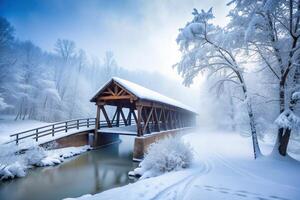 winter wonderland, structure, snow-covered, nature., solitude, snow,clear bridge, white, A clear bridge covered in a soft layer of snow stands out in the midst of a foggy winter morning photo