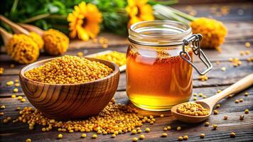Still life photo of a jar of fresh honey and a bowl of bee pollen captured in extreme close up highlighting the vibrant colors and texture of the honey, bowl, extreme close-up,honey, jar