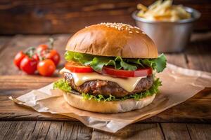 Burger filled with paper cardboard waste with juicy mayo and ketchup Depth of Field, recycled, gastronomy, junk food, close-up, depth of field, reuse,burger, delicious, background, mayo photo