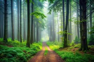 A mysterious path leads through a dense and misty forest with tall trees and lush vegetation, path, landscape, enchanting, ethereal, ambiance, tranquility, atmospheric, vegetation, pathway photo