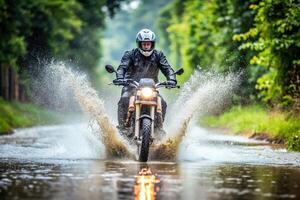 A fearless biker navigating through a flooded road defying the heavy rain and challenging terrain, rainstorm, tilted angle, extreme sport, flood,biker, weather, heavy rain, challenge photo