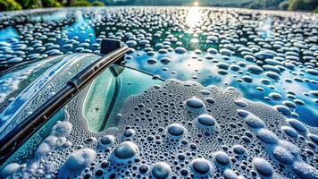 aerial view, automobile, car care, soap, suds, washing, car, transportation,bubble, Bubble water on the windshield of a car during the process of cleaning it from an aerial point of view photo
