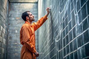 A low angle stock photo of a prisoner counting the days to freedom by using chalk to write on the prison wall, punishment, write, hope, count, justice, chalk, prison, wall, escape