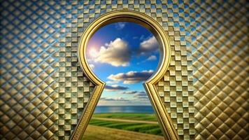 Golden keyhole frame with a blurred blue sky in the background and a green checkered pattern creating a depth of field effect, checkered, green, unlock, vintage, background, pattern, blurred photo