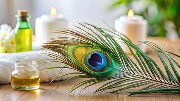 health, spine, luxurious, wellness, intricate, A close up view of a vibrant and intricate peacock feather nestled delicately on a white massage table surrounded by soothing oils and lotions photo