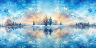 Tranquil, Tree, Landscape, Original,Abstract, Creative, Watercolor, An original abstract watercolor painting featuring a symmetrical horizontal presentation of the sky tree snow and lake photo