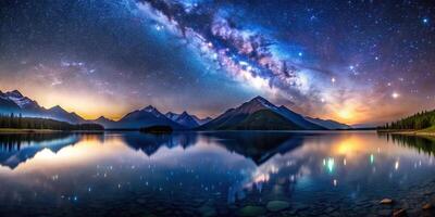 serene, breathtaking, scenic, beauty, A serene lake under a starry night sky with a breathtaking view of a mountain range in the background captured using long exposure photography photo