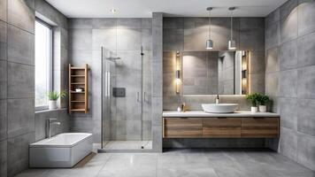 gray tile shower, white, sleek, functional, minimalist, bright, A modern bathroom featuring white walls a gray tile shower and a sleek cabinet and sink captured from a high angle photo