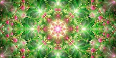 green, abstract,fairy, pink, pattern, light, delicate, Delicate green and pink abstract fairy background featuring a kaleidoscope of mesmerizing symmetrical patterns of light photo