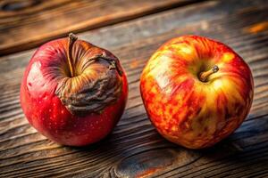 contrast, food, A high angle stock photo showcasing a comparison between a fresh vibrant red apple and a decayed rotten one illuminated with warm sunlight resulting in a bokeh effect