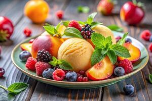 A refreshing sorbet plate with a combination of juicy peaches fresh mint leaves and a variety of colorful berries served on a long shot angle, appetizing, variation, colorful, healthy photo