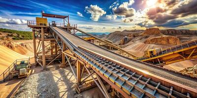 material handling, worm's eye view, conveyor, industrial, rocks, crushing, equipment, infrastructure, A stone crusher conveyor in a mining extraction plant captured from a worm s eye view photo