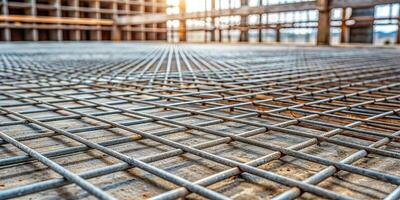 A detailed close up view of a mesh used for reinforcing a concrete slab in a garage, architecture,reinforcement, metal., materials, reinforcement mesh, reinforcing, durability, construction photo