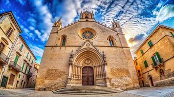 Mallorca, low angle, Facade of the church of Sa Pobla Mallorca Spain captured from a low angle using a fisheye lens showcasing its intricate architectural details and religious symbolism photo