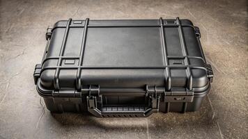 safety, A closed plastic black protector case resembling a rugged and durable container lying on the floor from a high angle capturing the essence of protection organization and safety photo