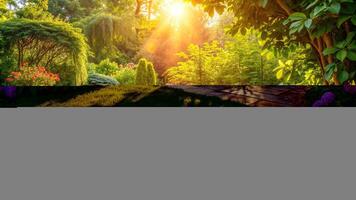 quiet, garden, serene, lush greenery, solitude, A cozy corner in the garden surrounded by lush greenery and bathed in warm sunlight where one can find tranquility and relaxation photo