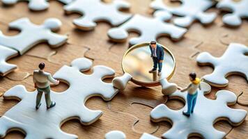 Figurines engaging in a playful jigsaw puzzle searching for a missing piece in a close up shot, strategy, pastime, jigsaw, problem-solving, play, challenge, close-up, game, toys photo