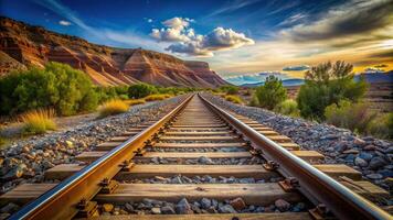 perspective, desert, transportation, motion, journey, landscape, train, A stock photo featuring a straight railroad track in Utah USA viewed from a tilted angle emphasizing the way forward