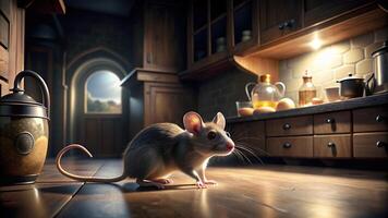 explorer, kitchen, moonlight,mouse, window, adventurous, cautious, dimly lit, Adventurous mouse exploring a dimly lit kitchen with shadows cast by moonlight seeping through the window photo