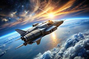 interstellar travel, space exploration, futuristic weapon, high-tech, Futuristic military spacecraft flying in space with a clipping path isolated on a white background photo
