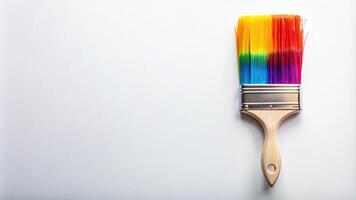 white background,colored paintbrush, hues, neat, minimalist, isolated, A colored paintbrush with vibrant hues neatly placed on a white background creating a minimalist aesthetic photo