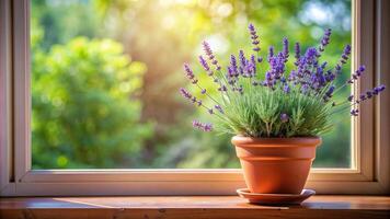 un hermosa lavanda planta en un terracota maceta adornando un antepecho creando un asimétrico y calmante natural escena, calmante, hermoso, ventana, jardín, asimétrico, lavanda foto