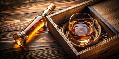 A close up photo of a box and bottle of single malt scotch whisky Fisheye featuring a rich amber colored liquid and a label with the brand name and logo, close-up, alcoholic drink, bottle
