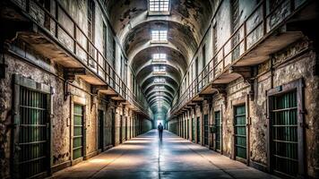 silhouette, corridor, interior, abandoned, desolate, Silhouette of a desolate corridor in the interior of an abandoned penitentiary prison photo